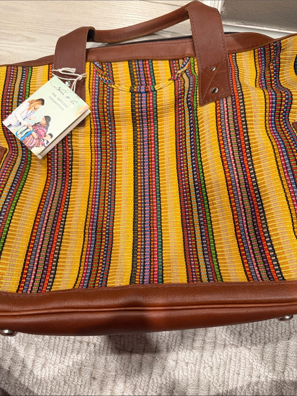 Nena & Co. Yellow Striped Woven Tote with Brown Leather Trim